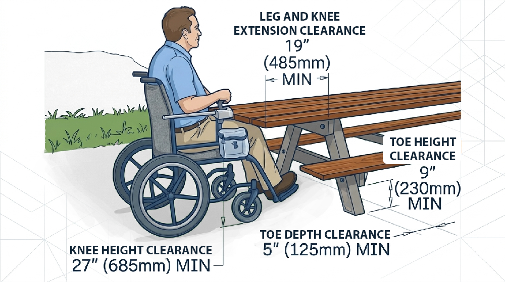 Diagram showing ADA picnic table height, knee clearance, toe clearance, and clear ground space